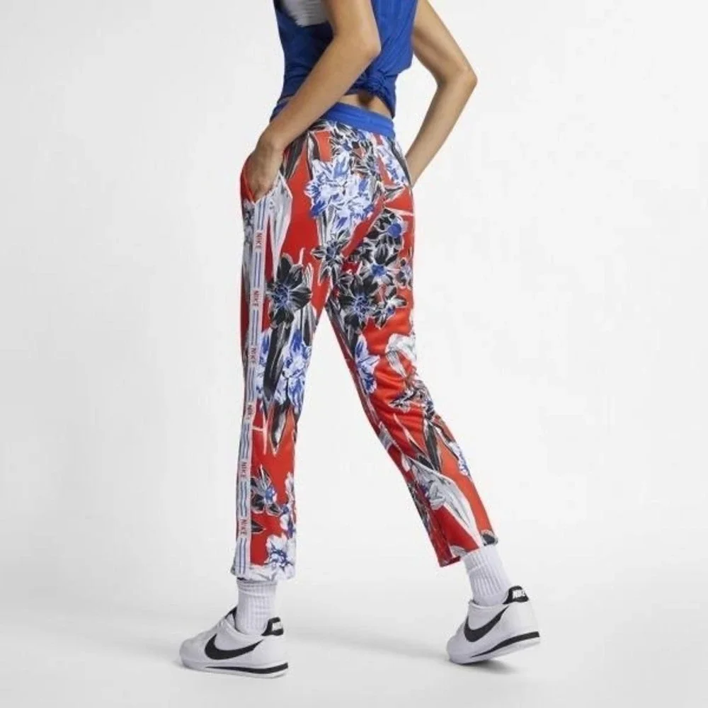 Nike Floral Track Pants Women M Red Cropped Botanical Logo Tape Streetwear Retro